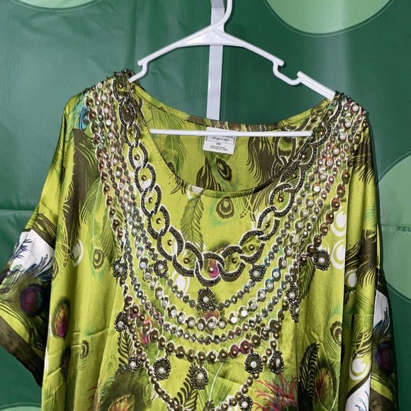 GOLD COAST Mumu House Dress OS One Size Beach Cover-Up Beaded PEACOCK print -NWT - Picture 2 of 12